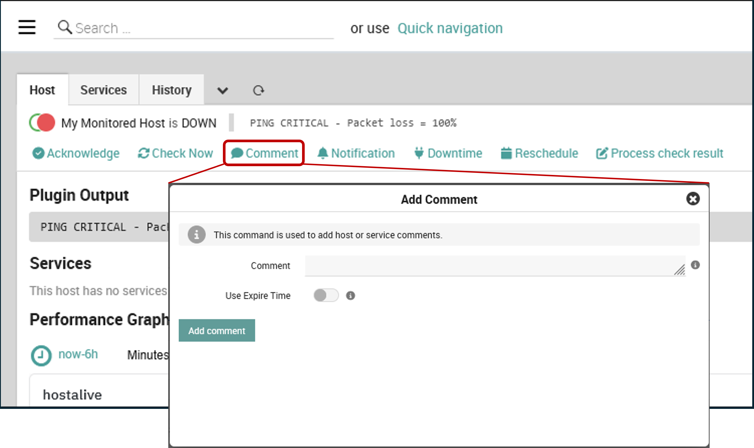 Adding a comment directly to a monitored object