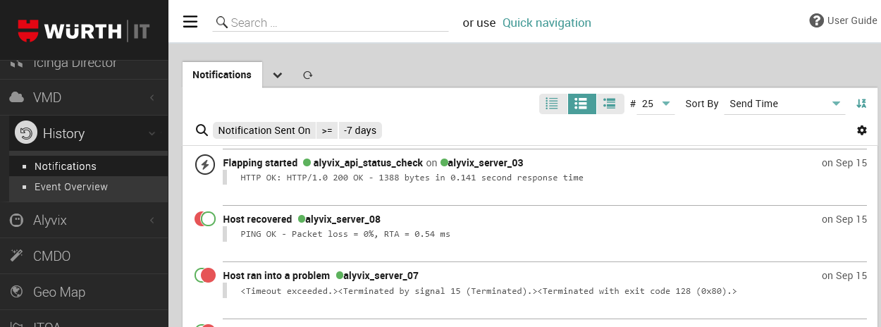 Viewing the Notification log in the History module