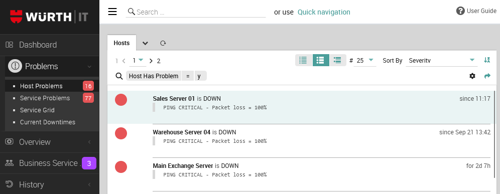 Screenshot of the host problems view