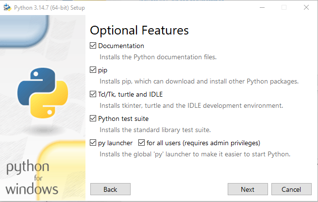 The second panel of the python installation process.
