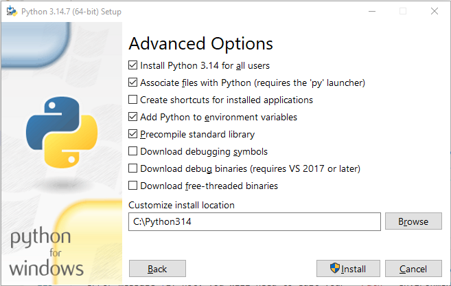 The third panel of the python installation process.